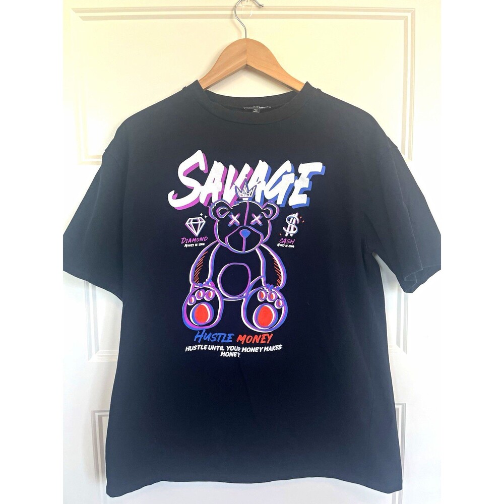 Fashion Nova Men's Black "Savage" Teddy Bear Money Graphic Tee Crew Neck M/L